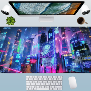 Alfombrilla de escritorio japonesa con estampado futurista de ciudad de neón