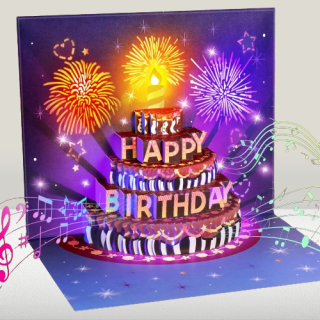 Tarjetas de cumpleaños fuegos artificiales luz de pastel y música
