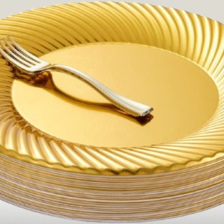 60 platos de postre de plástico dorado con mini tenedores