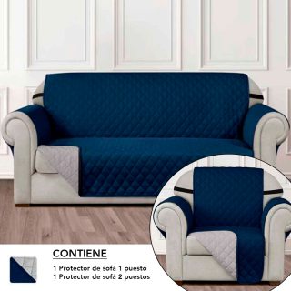 Combo Protector para Sofá de 1 Puesto + Protector para Sofá de 2 Puestos color Azul-Gris
