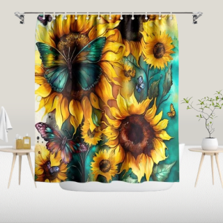 Cortina de ducha de girasol amarillo grande con ganchos imperniable