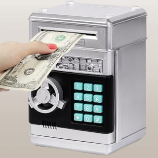 Alcancía electrónica con forma de cajero automático color negro con gris