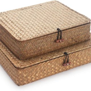 Juego de 2 cajas multiuso de mimbre tejido plano con tapa